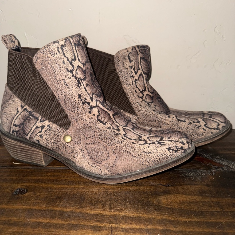 MIA Brown Snakeskin Ankle Booties